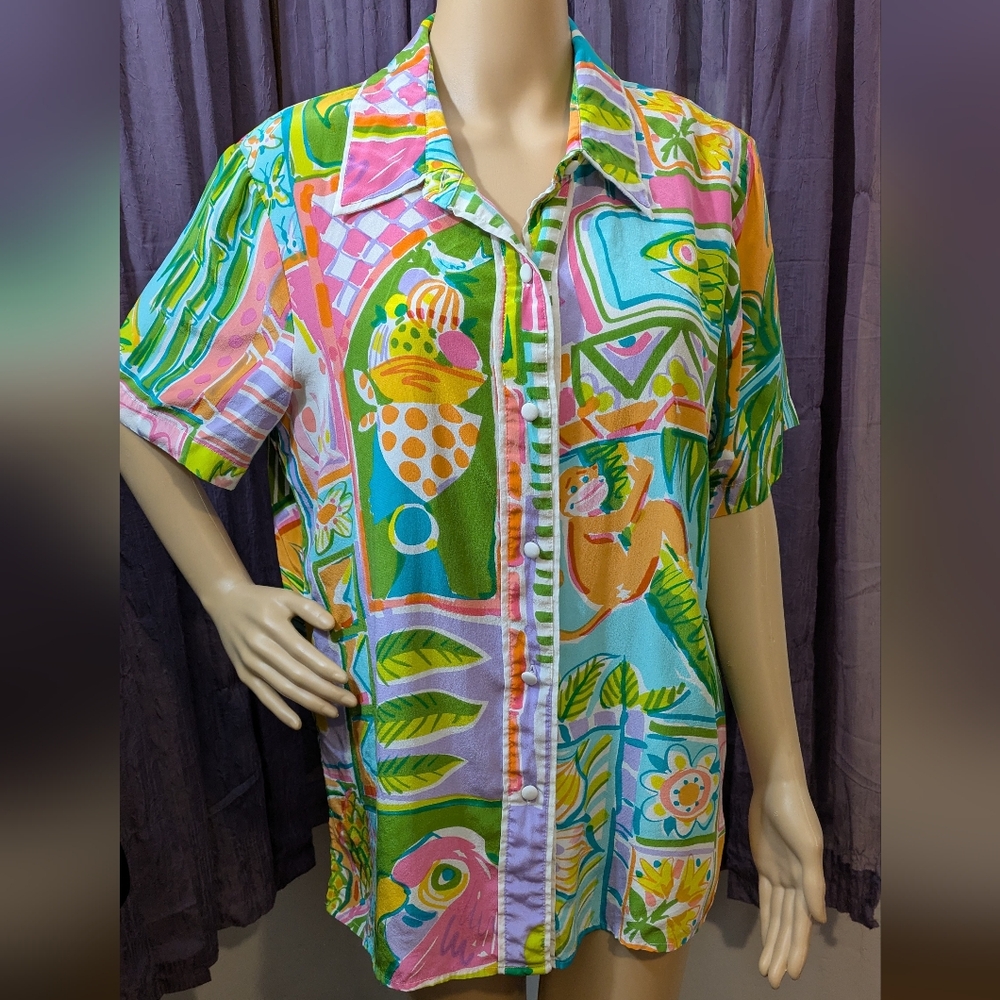 Silk Colorful Tropic Design Vintage Button Up Top Short Sleeve Large